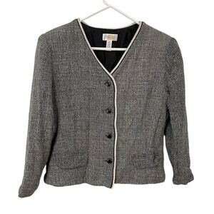 Talbots‎ 14 Black White Silk Blazer Tweed Button Jacket Business Office Wear
